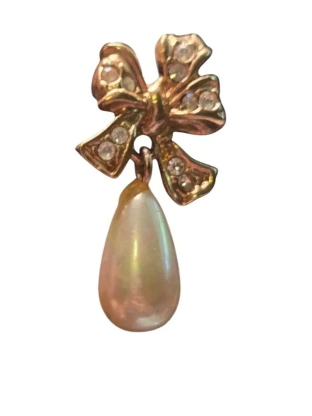 Gold Tone Bow Drop Earrings With Faux Pearls & Rhinestone Accents